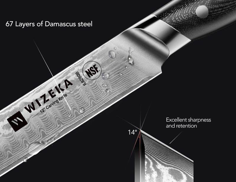 WIZEKA 12 Inch Damascus Slicing Knife - Ultra Sharp, Full Tang Carving Knife with G10 Handle, Great for Slicing Roasts, Meats, Fruits - Image 3